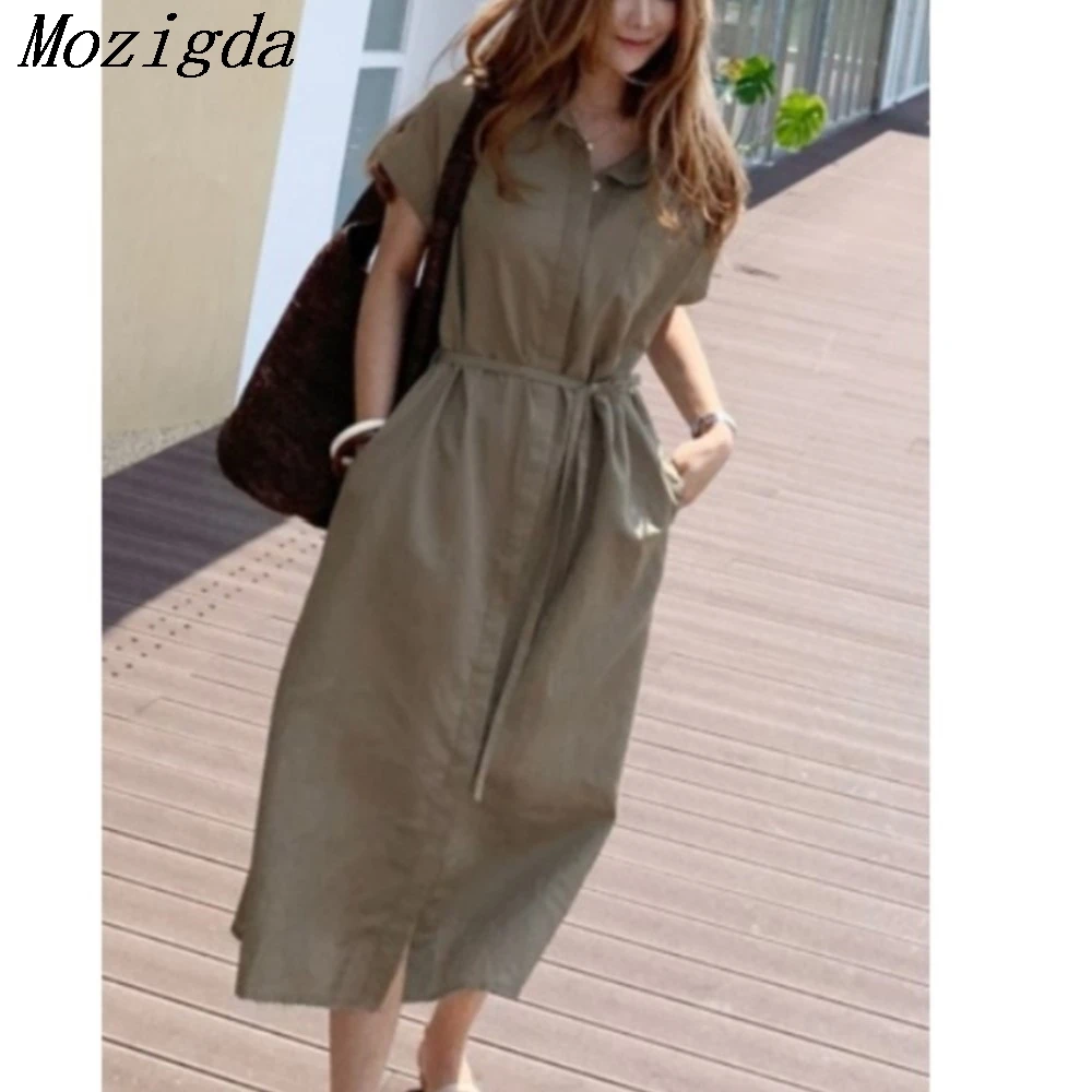 여름 코튼 린넨 싱글 브레스티드 셔츠 드레스 여성용 원 포켓 하이 웨이스트 캐주얼 루즈 레이스업 레이디 드레스 여성 베스티도스