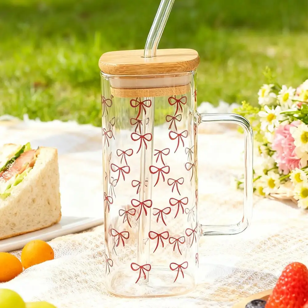 400 مللي ربطة القوس فيونكة كوب بقشة كوب زجاجي لطيف بهلوان ميسون جرة على شكل زجاجة ماء مع الأغطية مقبض ل كوب شرب عصير القهوة المثلجة