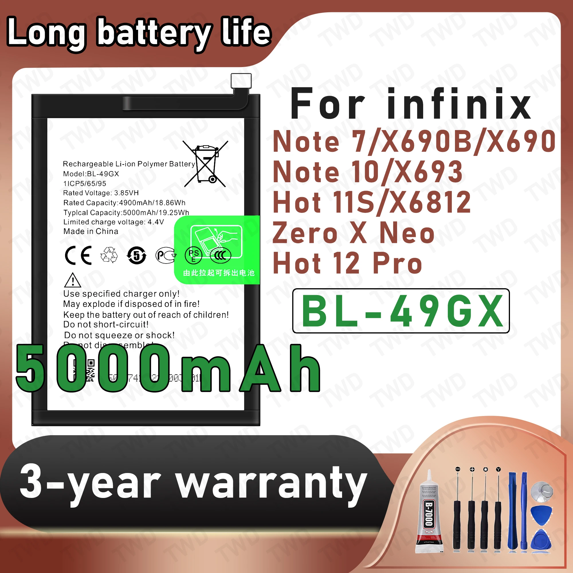 BL-49GX Large capacity Battery For infinix Note 7/Note 10/Hot 11S/Zero X Neo/Hot 12 Pro Batteries New High Quanlity+Free Tools