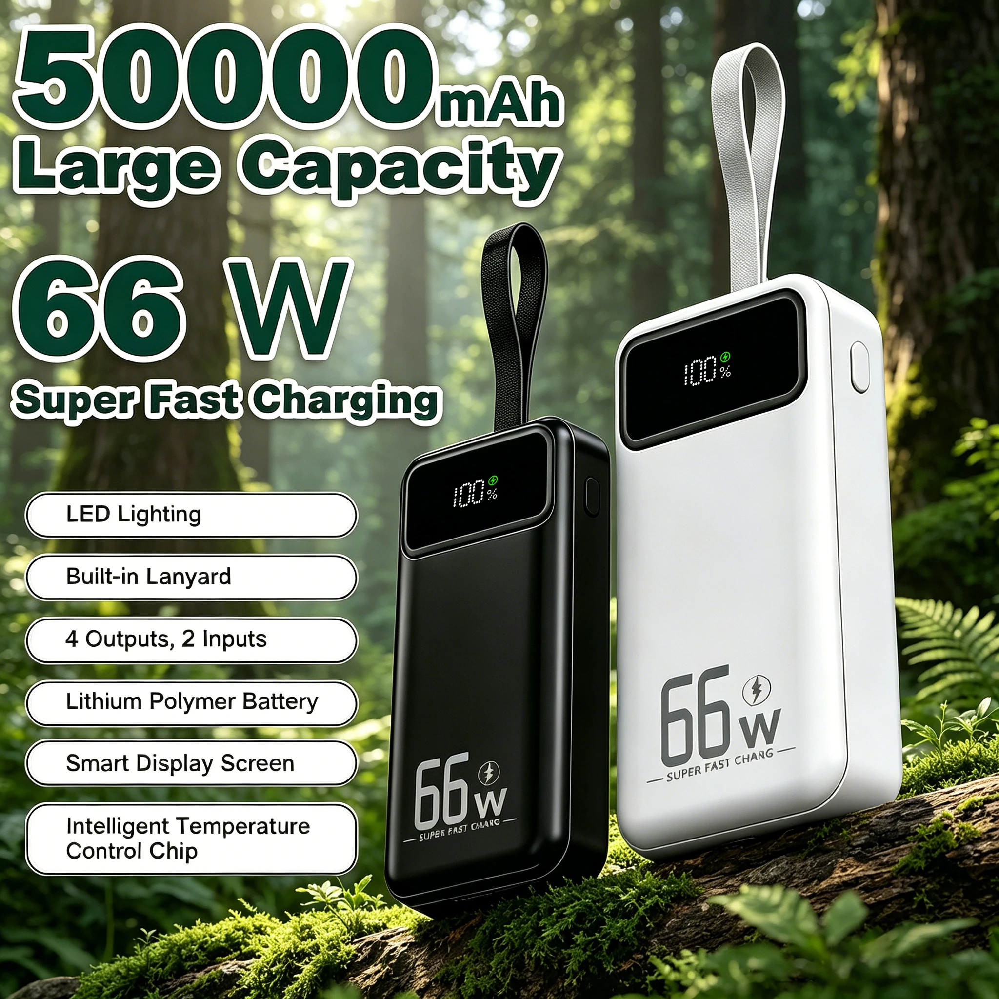 50000-mAh-Powerbank mit LED-Leistungsanzeige/Beleuchtung/mehreren Schnittstellen/Trageband, Lithium-Polymer-Akku, Powerbank mit großer Kapazität, kann mehrere Geräte gleichzeitig aufladen, tragbare