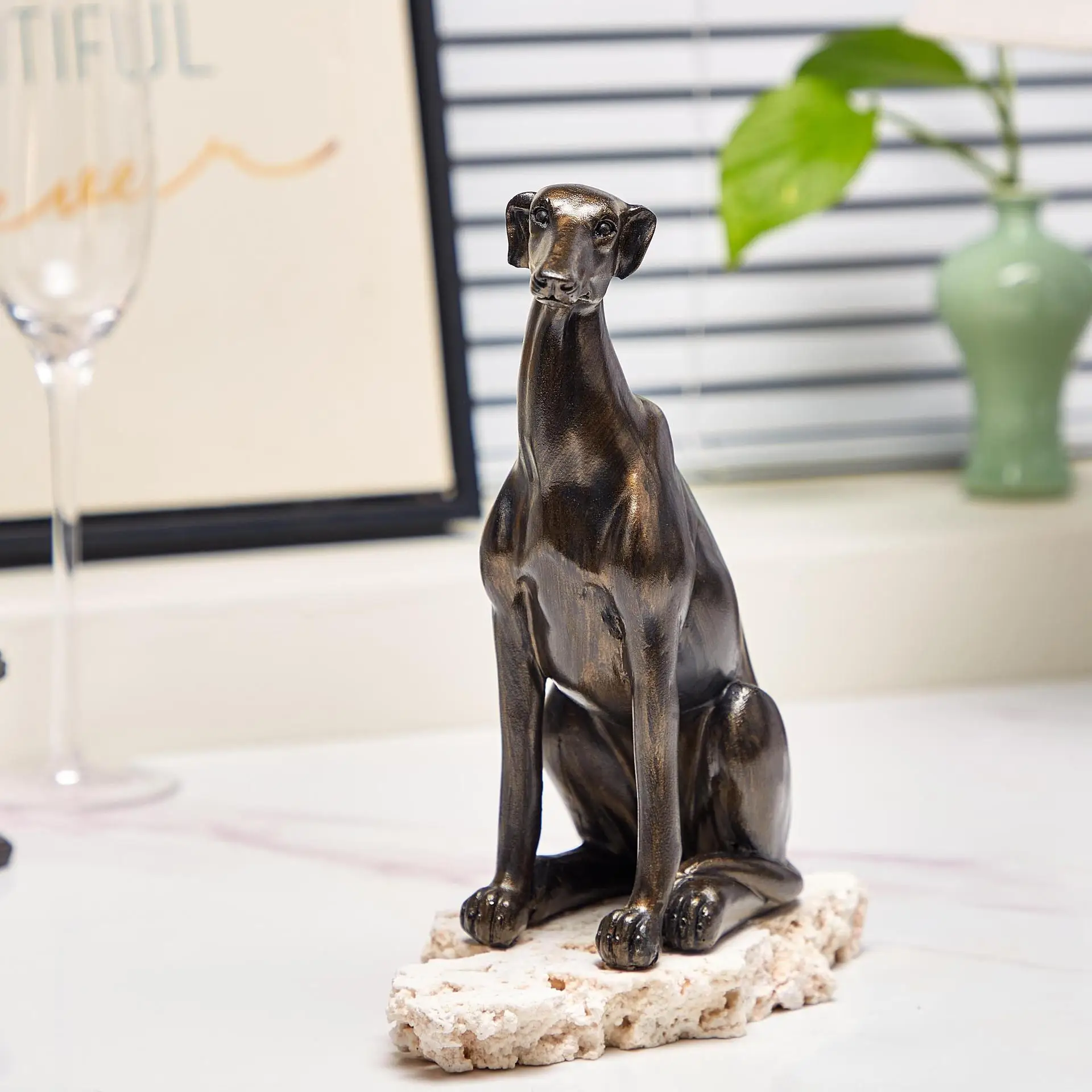 Antique Bronze Resin Greyhound Dog Statue Sculpture Vintage Animal Figurine Home Decor Living Room Decorative Ornament