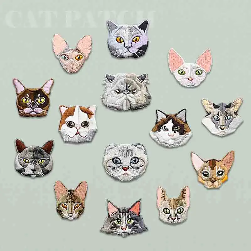 Cat Head Embroidered Patches, Cute Pet Kitty Heat Transfer 13 Styles Iron on Appliqué for Backpack Hat Jeans DIY Clothing Decor