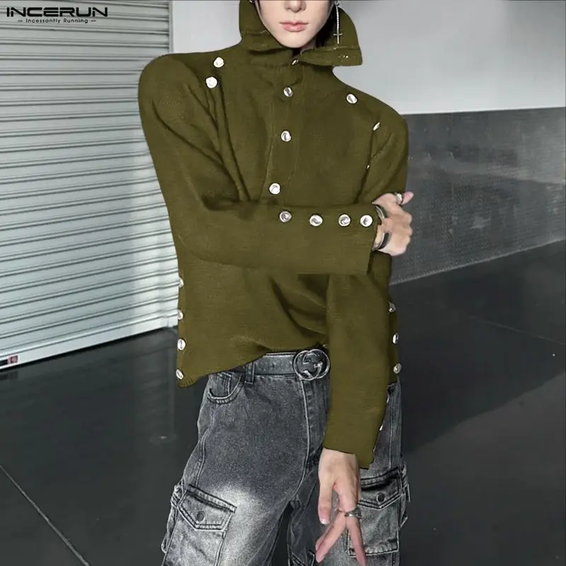 INCERUN Men Shirt Solid Color Stand Collar Long Sleeve Button Men Clothing Streetwear Loose Fashion Casual Tops Camisas 2026