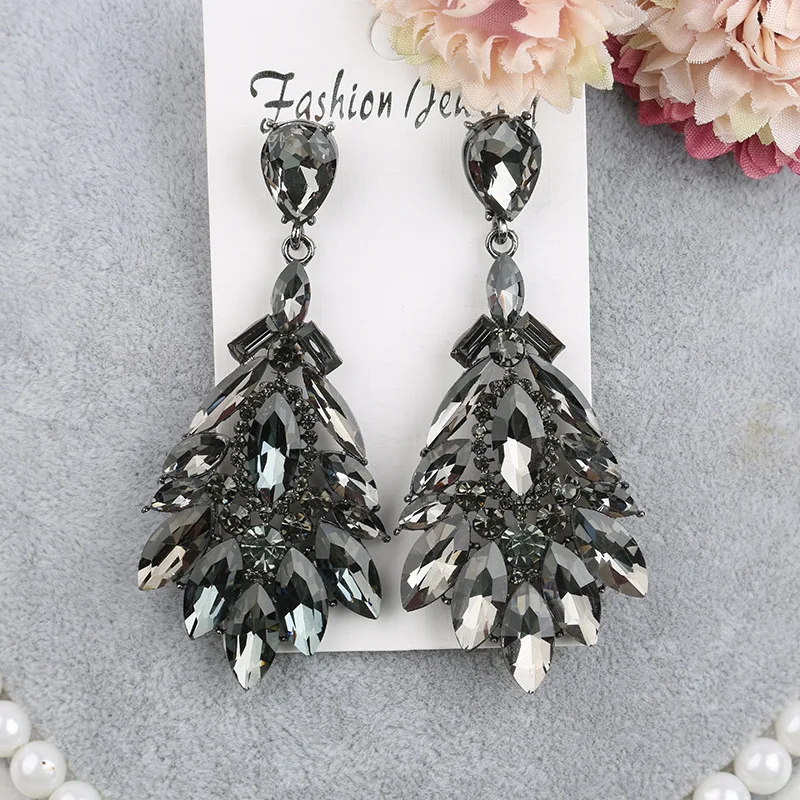 Prom Party Jewelry Accessories Wholesale Elegant Long Gray Marquise Stone Crystal Rhinetsone Chandelier Earrings for Women