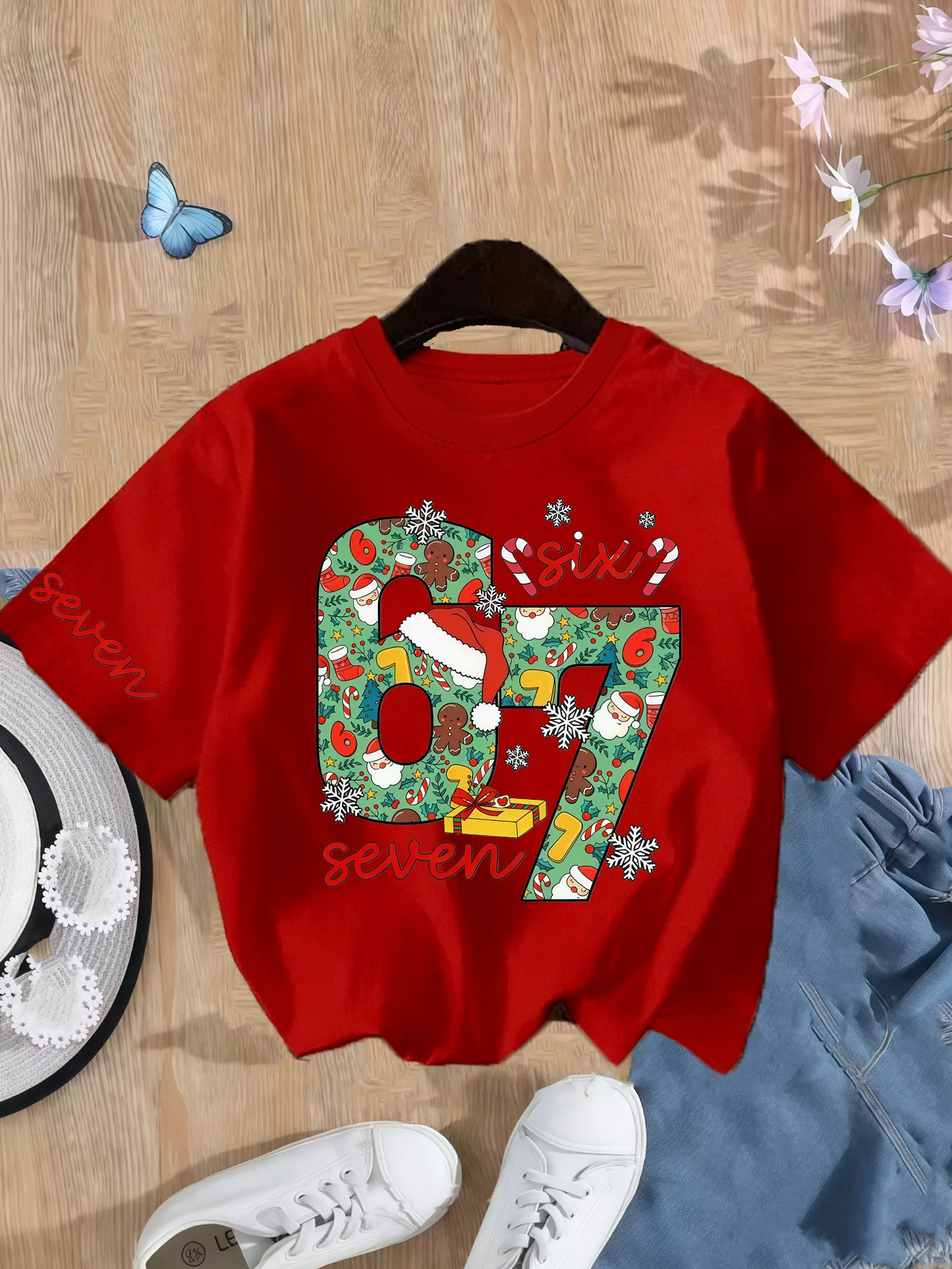 

Christmas Number 67 Print T-Shirt Cotton Casual Short Sleeve O Neck Tops Festive Snowflake & Candy Cane Design Boy Girl Tshirt