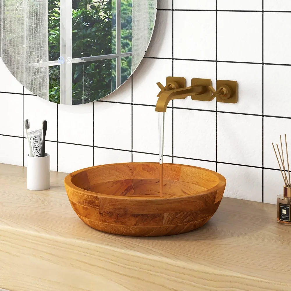 16" x 16" Vessel Sink Teak Wood Washbasin with Drainage Hole & Smooth Finish