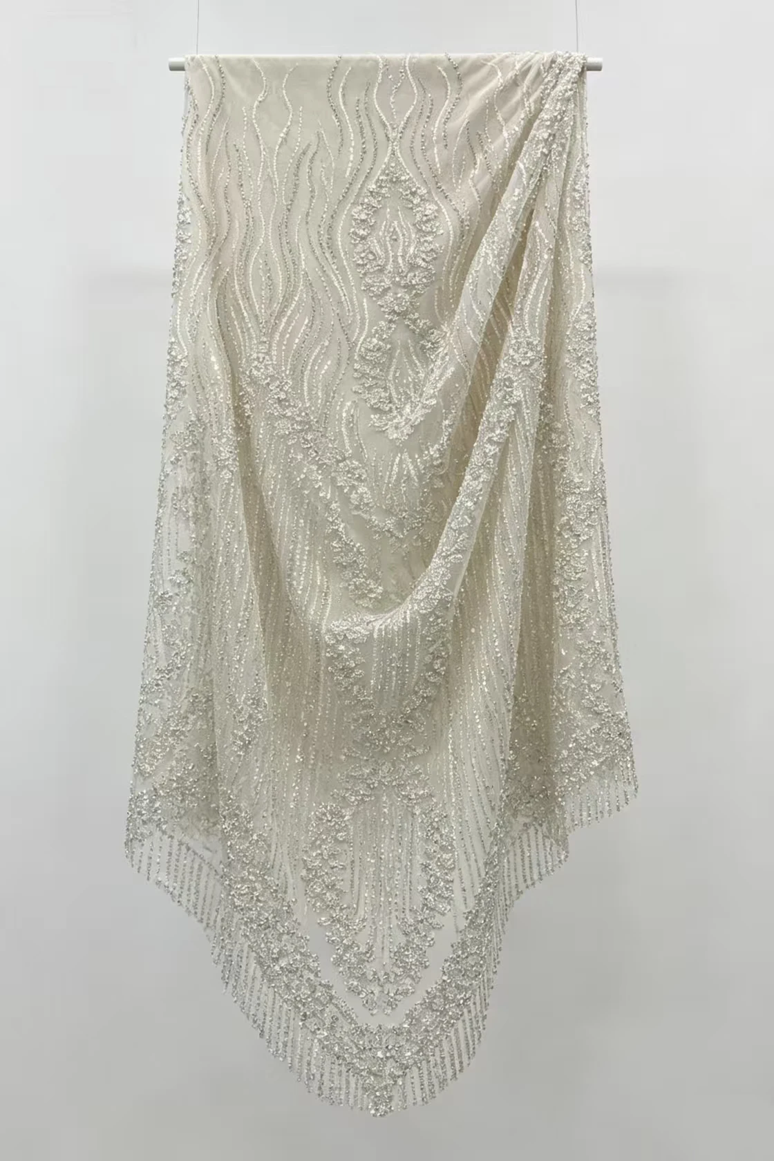 

XILEI #517 Beaded Lace Fabric By The Yard Luxury White Wedding Dress Lace Fabric Ivory Beading Tulle Lace Sequins Shiny Lace