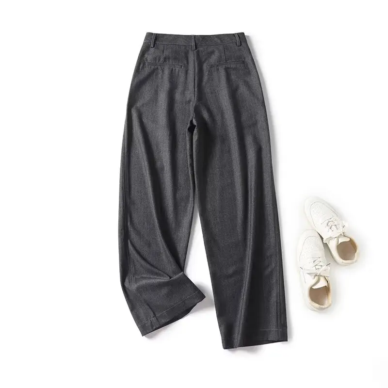 Withered French Minimalist Grey High Waisted Straight Leg Pants Women Fashion Casual Office Ladies Winter Trousers