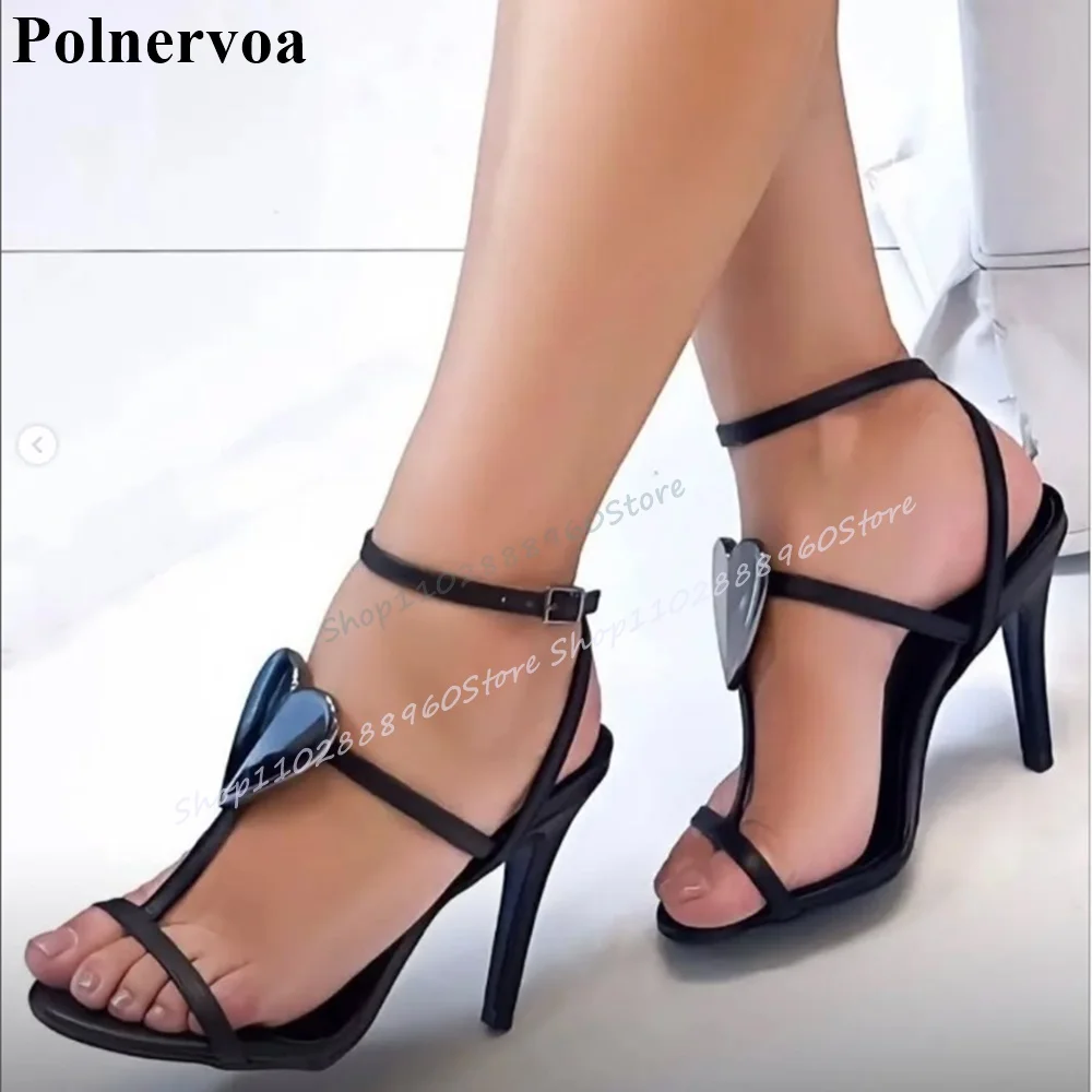 

Metallic Black T Strap Heart Decoration Sandals Stilettos High Heel Shoes For Women Ankle Buckle Strap Open Toe Luxury Sandals