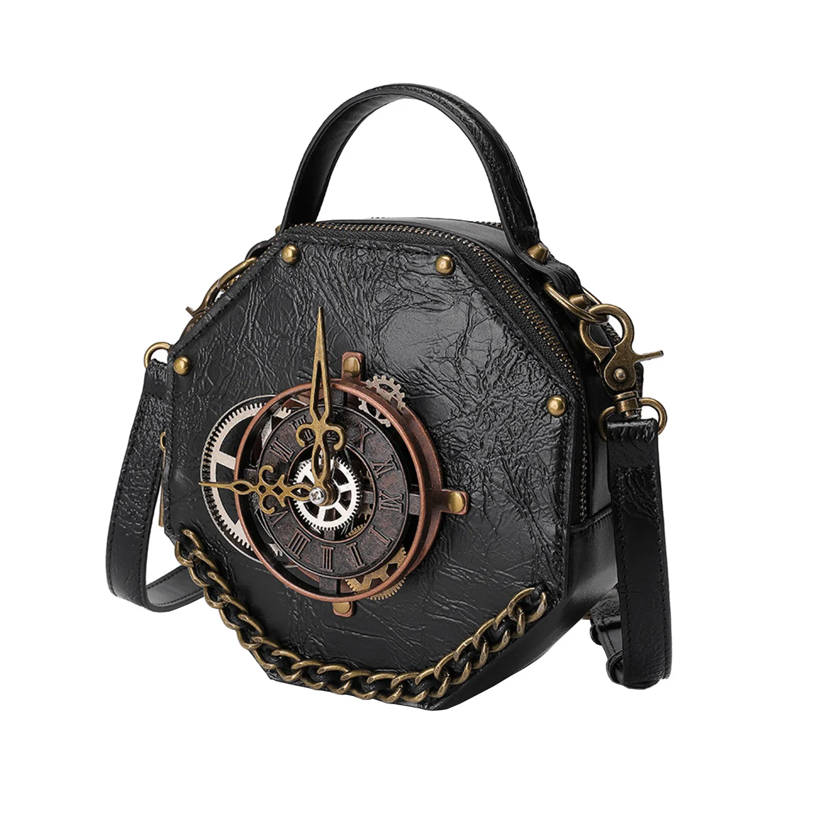 New Gothic Leather Clock Bag Steampunk Shoulder Bags Vintage Women Handbags Messenger Crossbody Bag Ladies Rivet Top-Handle Bags