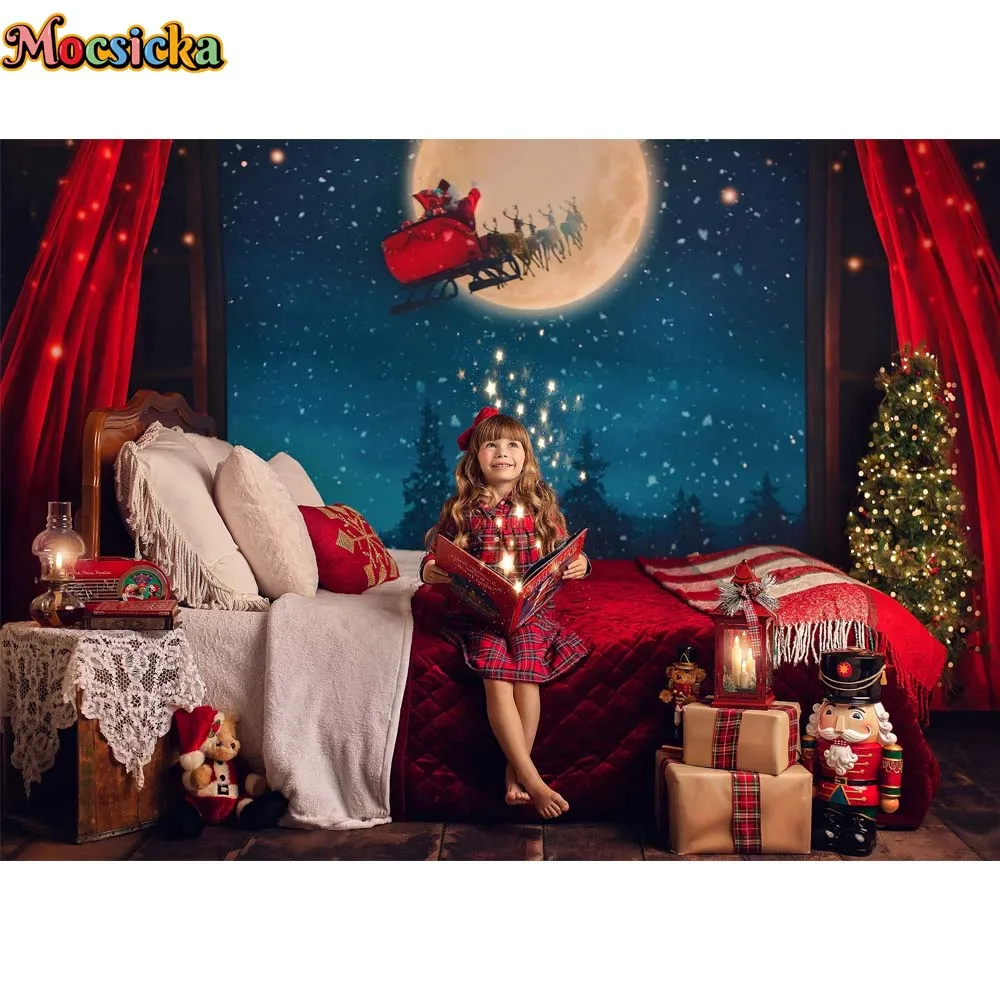 Merry Christmas Photography Backdrops Waiting On Santa Moon Xmas Silent Night Window Winter Snow Kids Portrait Photo Background