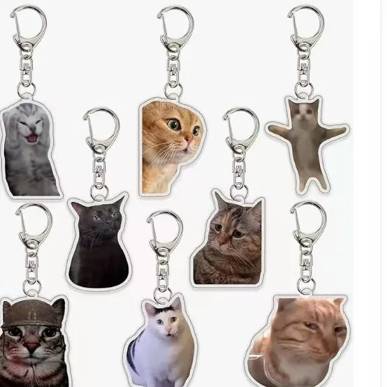 Porte-clés Tendance Tête de Chat Expression Internet Celebrity, Sculpture de Sable, Mèmes Amusants, Petit Pendentif pour Sac d'École