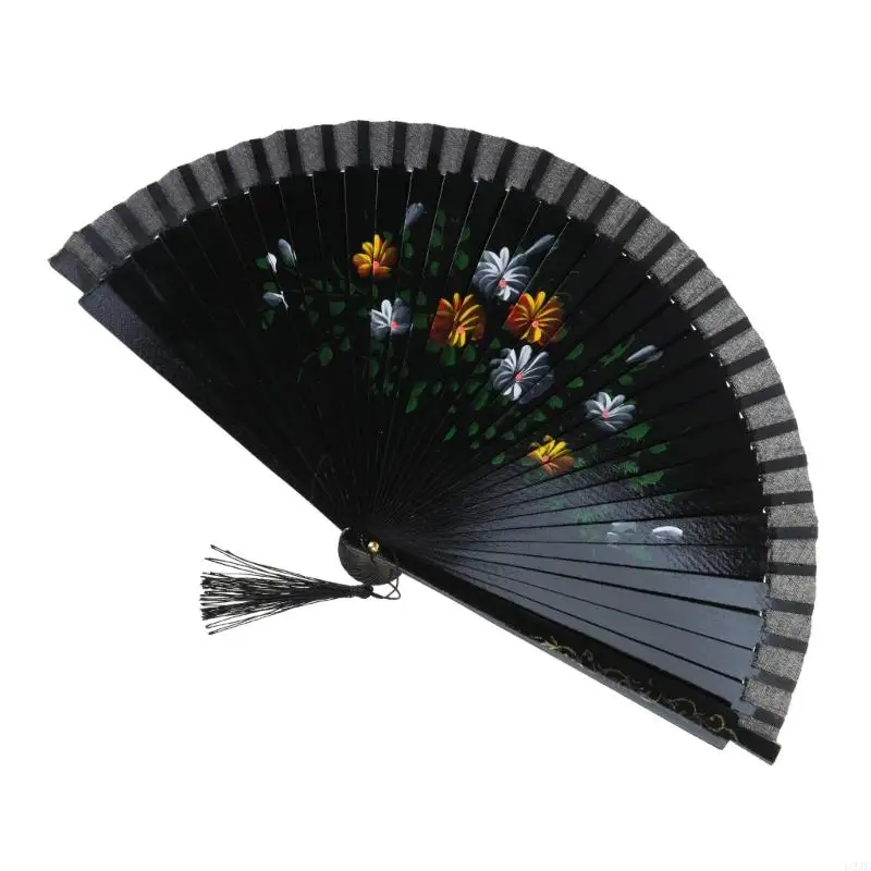 U2JC Double Sided Spanish Folding Fan Silk Fabric Dancing Fan for Dance Shows and Parties Silk