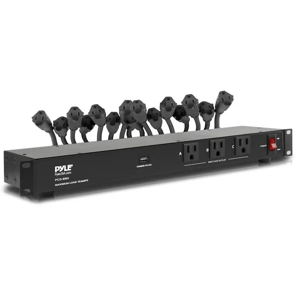 

1U 19 Rackmount PDU Power Strip with 15A Circuit Breaker, USB Charging Ports, and 15ft Cord - Black