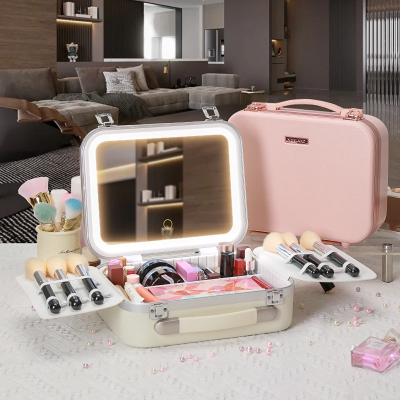 Luxury Large-capacity Full-screen Led Mirror Makeup bag Case Aluminum Frame Box Cosmetic Box With LED Light mirror