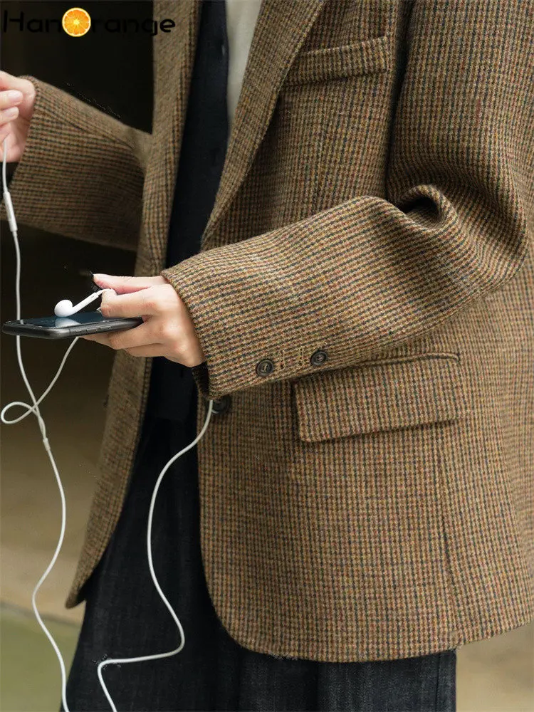 HanOrange-Blazer vintage en laine trempée pour femme, manteau à carreaux, veste Silhouette, vêtements d'extérieur féminins, hiver 2024