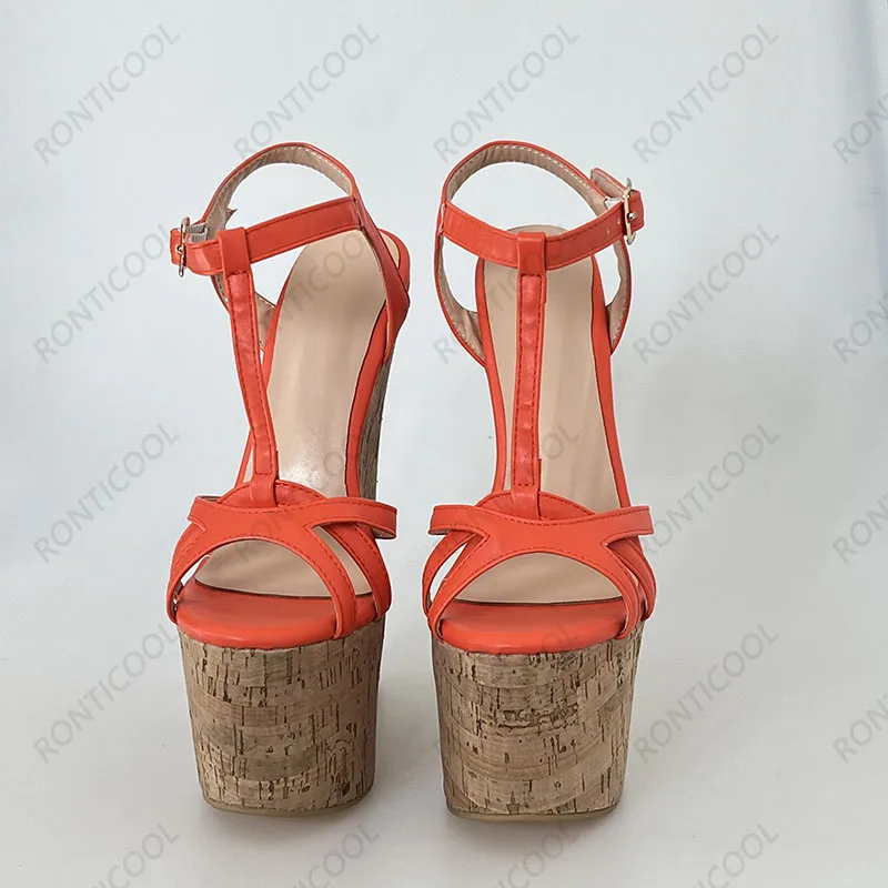 Ronticool Handmade Women T-strap Sandals Ultra High Wedges Heels Round Toe Classics Black Dress Shoes Ladies US Plus Size 5-15