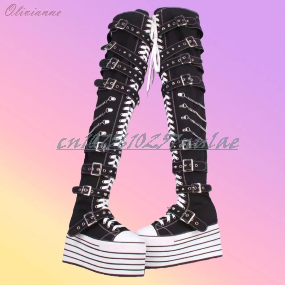 

Black Sexy Metal Chain Design Long Boots Round Toe Thickness Platform Buckle Belts Fashion Sexy Women Shoes Zapatos Para Mujere