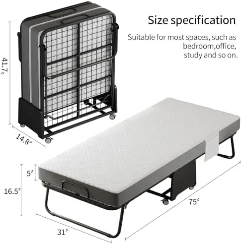 Deluxe Folding Bed with Mattress with 5-inch Memory Foam Mattress on Rollers for Easy Storage with Metal Frame and Bed