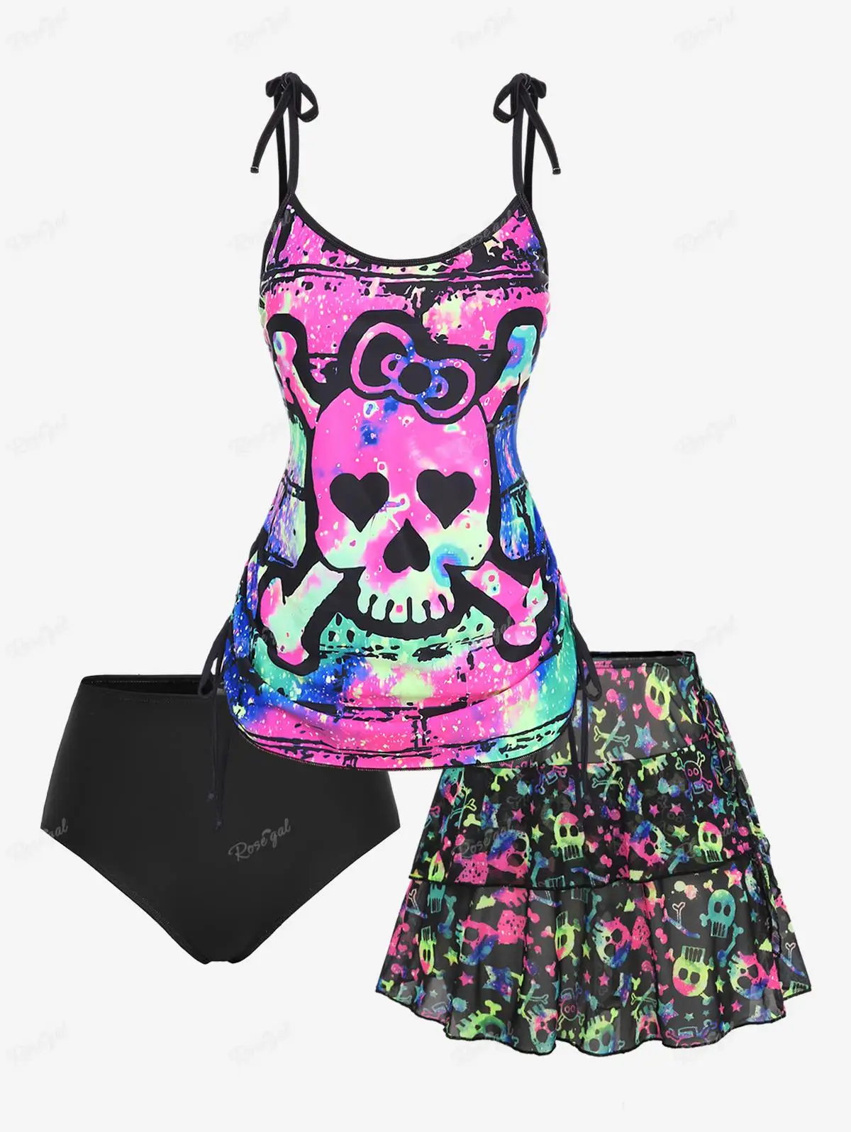 ROSEGAL-traje de baño de talla grande para mujer, conjunto de Top y falda ceñidos con estampado de calavera y lazo, Tankini de galaxia con esqueleto, 4XL, 3 uds.