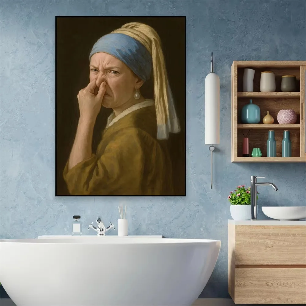 Funny Bathroom Girl with Pearl Canvas Wall Art Vintage Poster And Prints Mona Lisa Holding Nose Toilet Humor Decor Painting