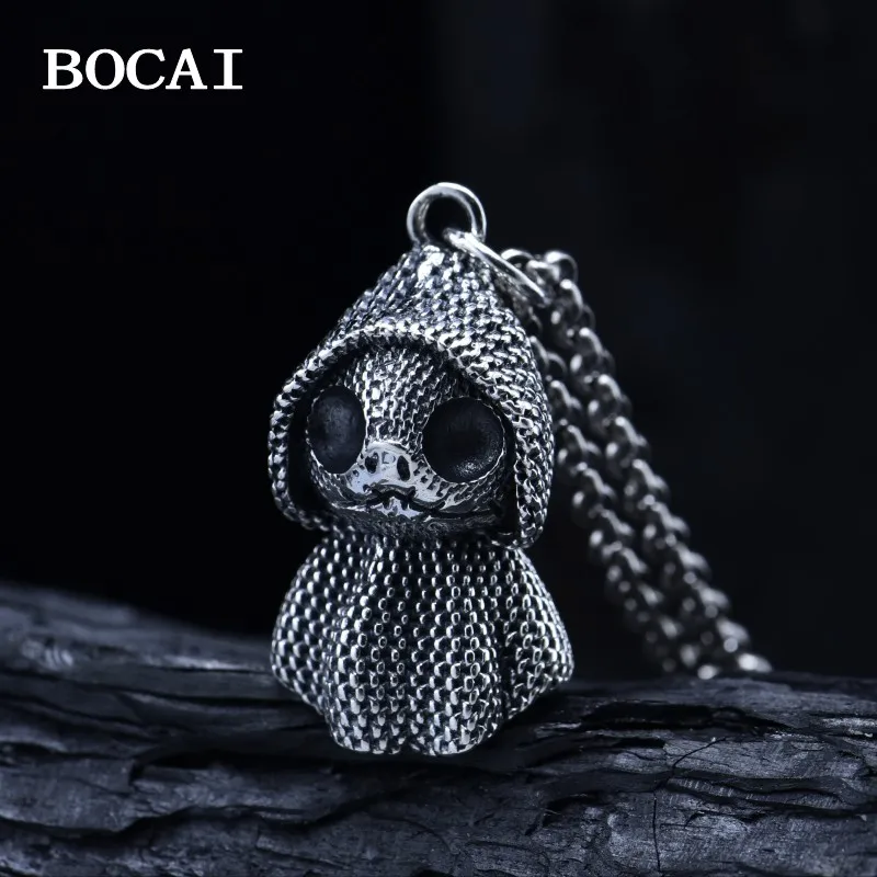 BOCAI New S925 Sterling Silver Vintage Hip Hop Funny Skull Pendant for Men and Women Without Necklace Gift