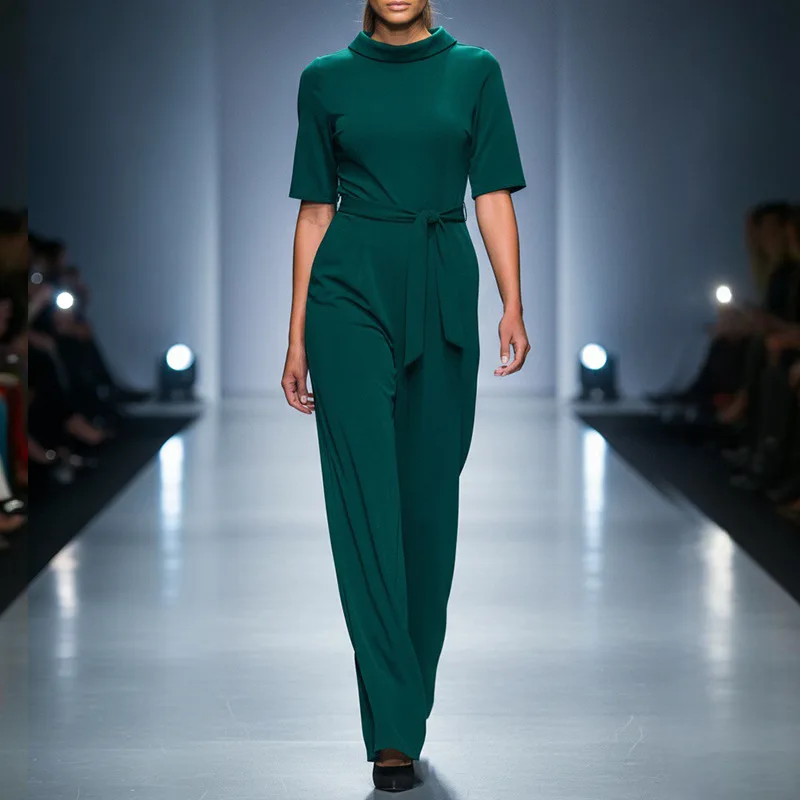 

Women's Solid Color Lapel Five-Quarter Sleeve Jumpsuit Wide Leg Trousers Fashionable Casual One-Piece Suit for Women