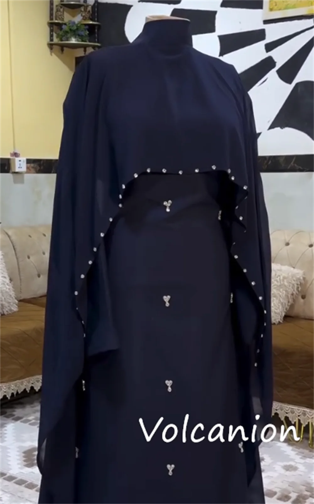 Customized Chinese Style Jersey Sequined Pleat A-line High Collar Long Dresses Bespoke Occasion Fashion