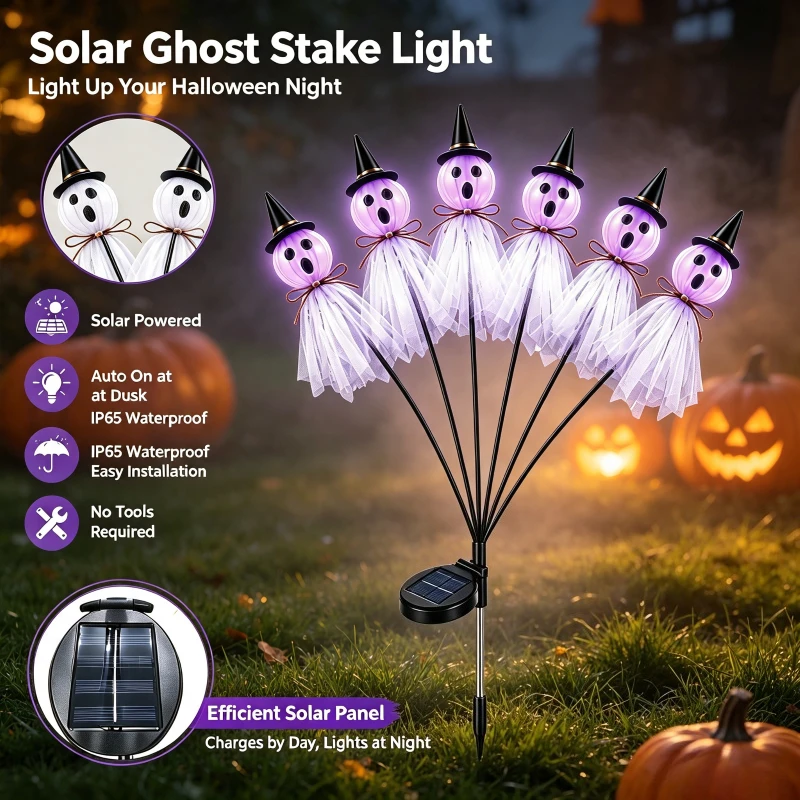 Outdoor Solar Ghost Garden Lights LED Halloween Stake Lamp Waterproof Lawn Pathway Light for Yard Patio Haunted Party Decoration