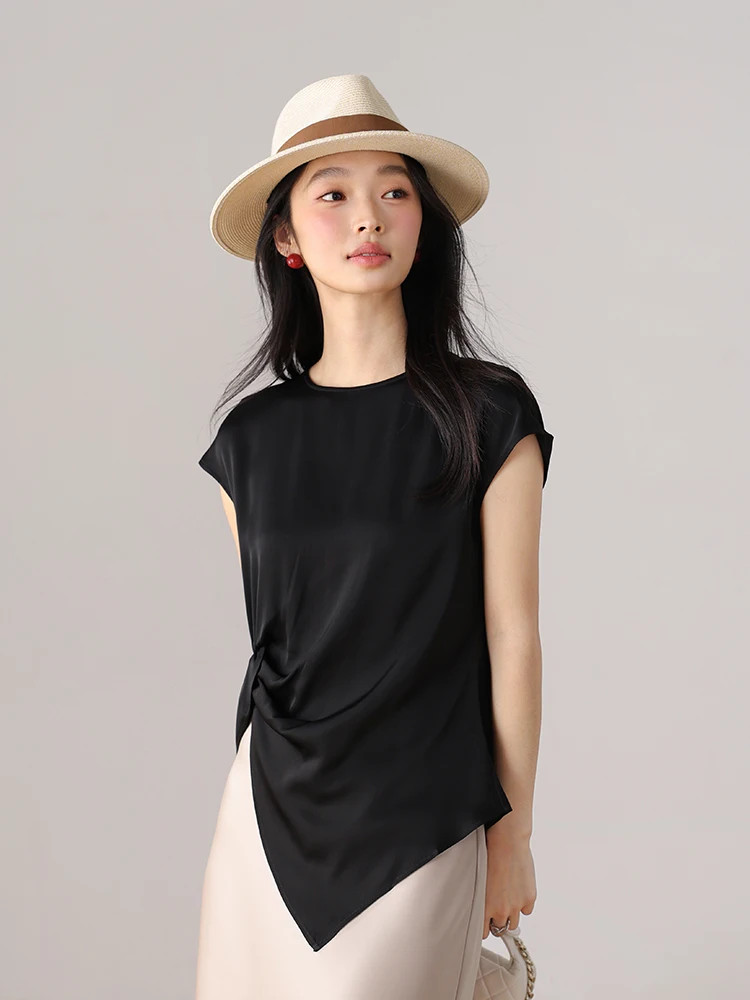 

Ele Silk T-irt Women's Casual Loose Fit ort Sve round Ne Twist Knot Design Elastic Mummy Summer Top for Ladies