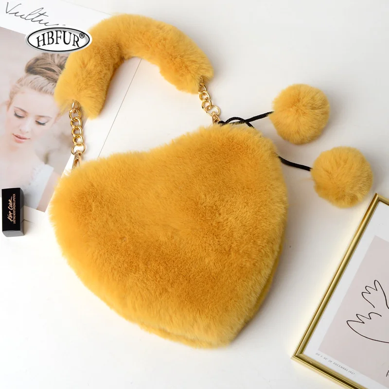 2024 Small Women Handbags Faux Fur Heart-shaped Fluffy Plush Ladies Chain Shoulder Bag Fashion Female Furry Daily Clutch Purse