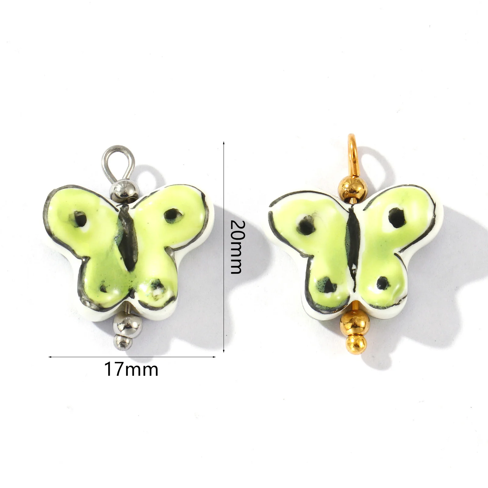 2Pcs Resin Insect Butterfly Charms Green Animal Painted 304 Stainless Steel Pendants For DIY Necklace Jewelry Making 20mm x 17mm