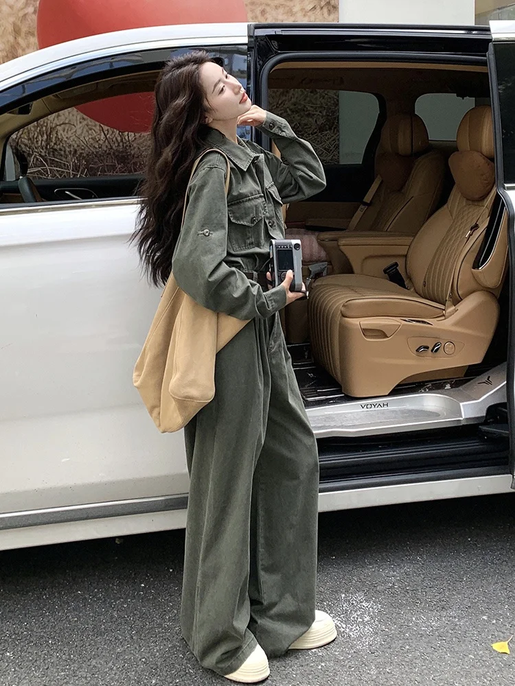 レトロなワークウェアジャンプスーツワイドレッグパンツセット レディース 春秋ファッショナブルなスリーブレスロングパンツ ハイウエストベルト