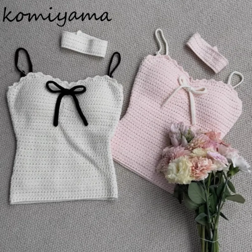 

Одежда с лямкой на шее 2024, вязаная одежда с милым бантом, Ropa Mujer, японская нежная женская одежда, топ на тонких бретельках, модные нежные топы