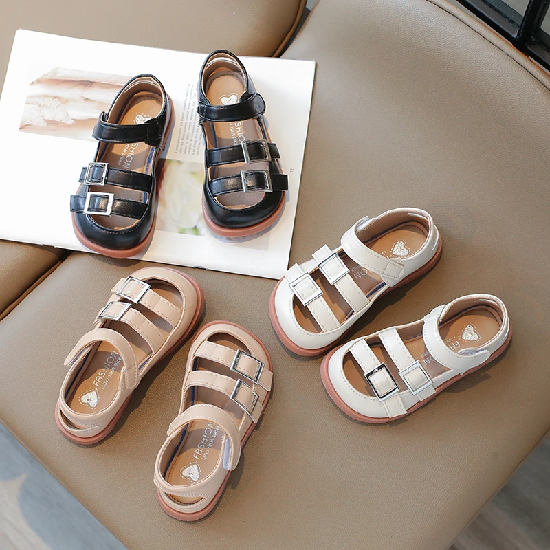 Girls Sandals 2024 Spring Summer Fashion New Kids Summer Shoes Leather with Metal Buckles Sandal