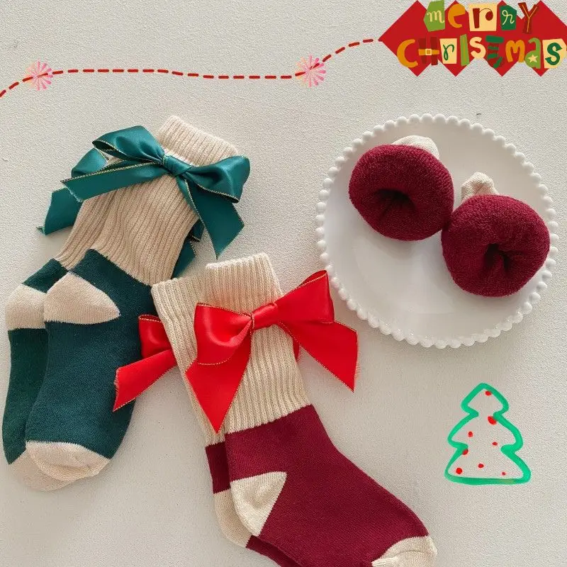 

Bow Christmas Socks 0-5Year Kids Girl Xmas Holiday Stockings Thicken Cotton Children Middle Tube Sock Winter Warm Baby Footwear