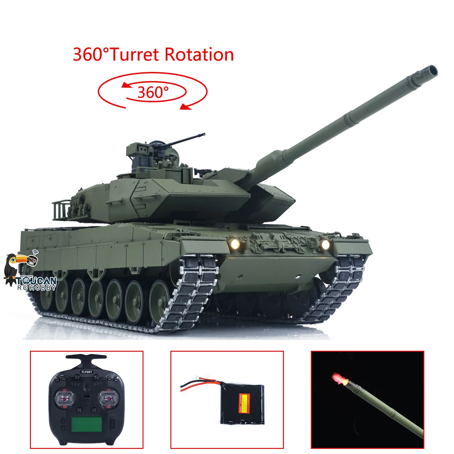 

Радиоуправляемый танк TOUCAN 1/16 RTR German Leopard A6 с металлическим корпусом, вращающейся на 360° турелью, откатом ствола, регулировкой высоты, дымогенератором и аккумулятором