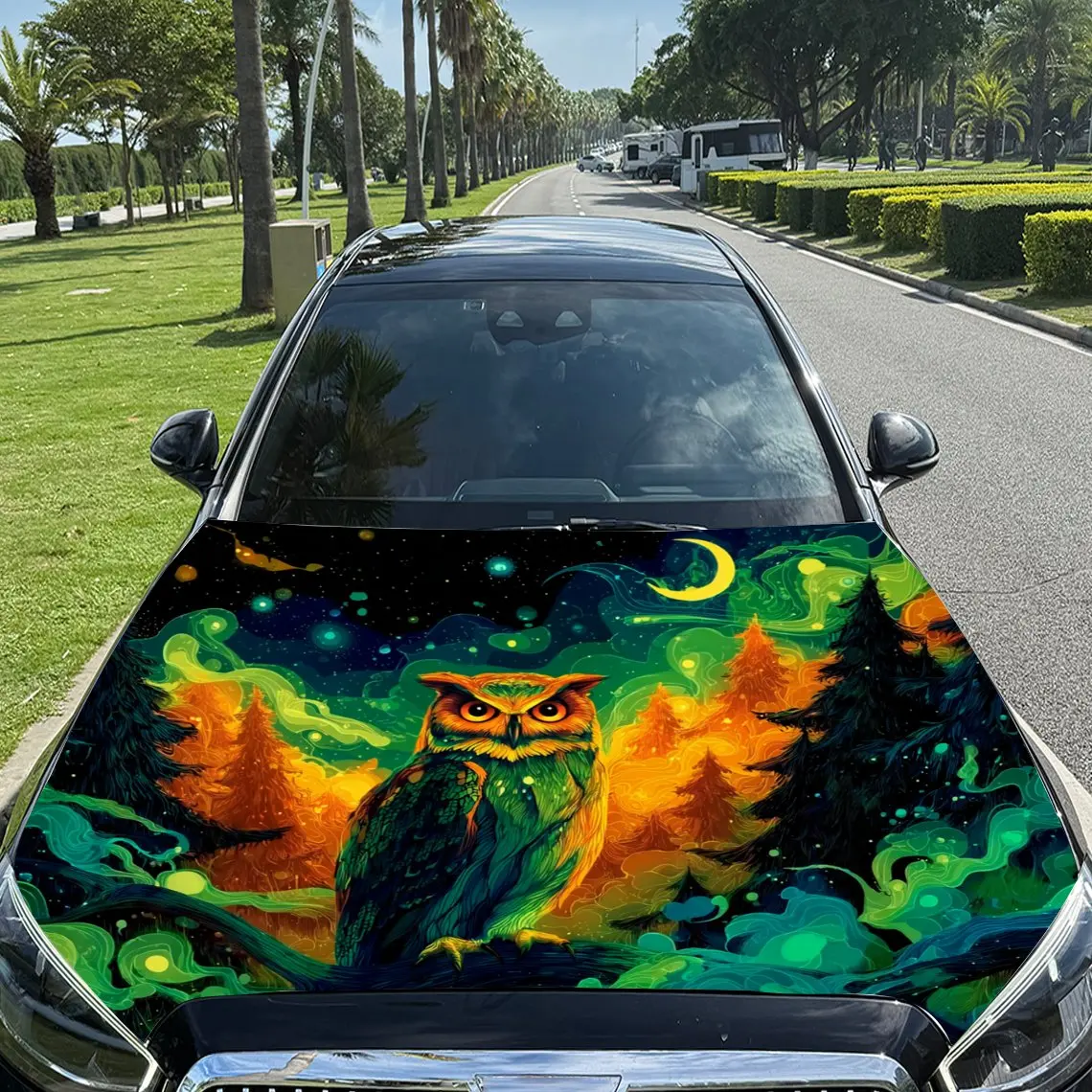 

Starry Night Magic Owl Car Vinyl Wrap, PVC Material Waterproof Car Hood Sticker, Self-Adhesive Scratch-Resistant Stickers for En