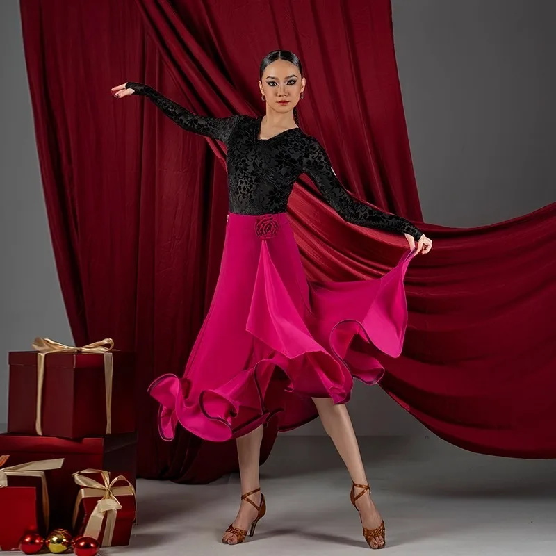

UK Latin Dance Skirt - Women's Ballroom Full Flounce Skirt with 3D Side Flowers & Streamers, Boned Elegant Standard Dance Skirt