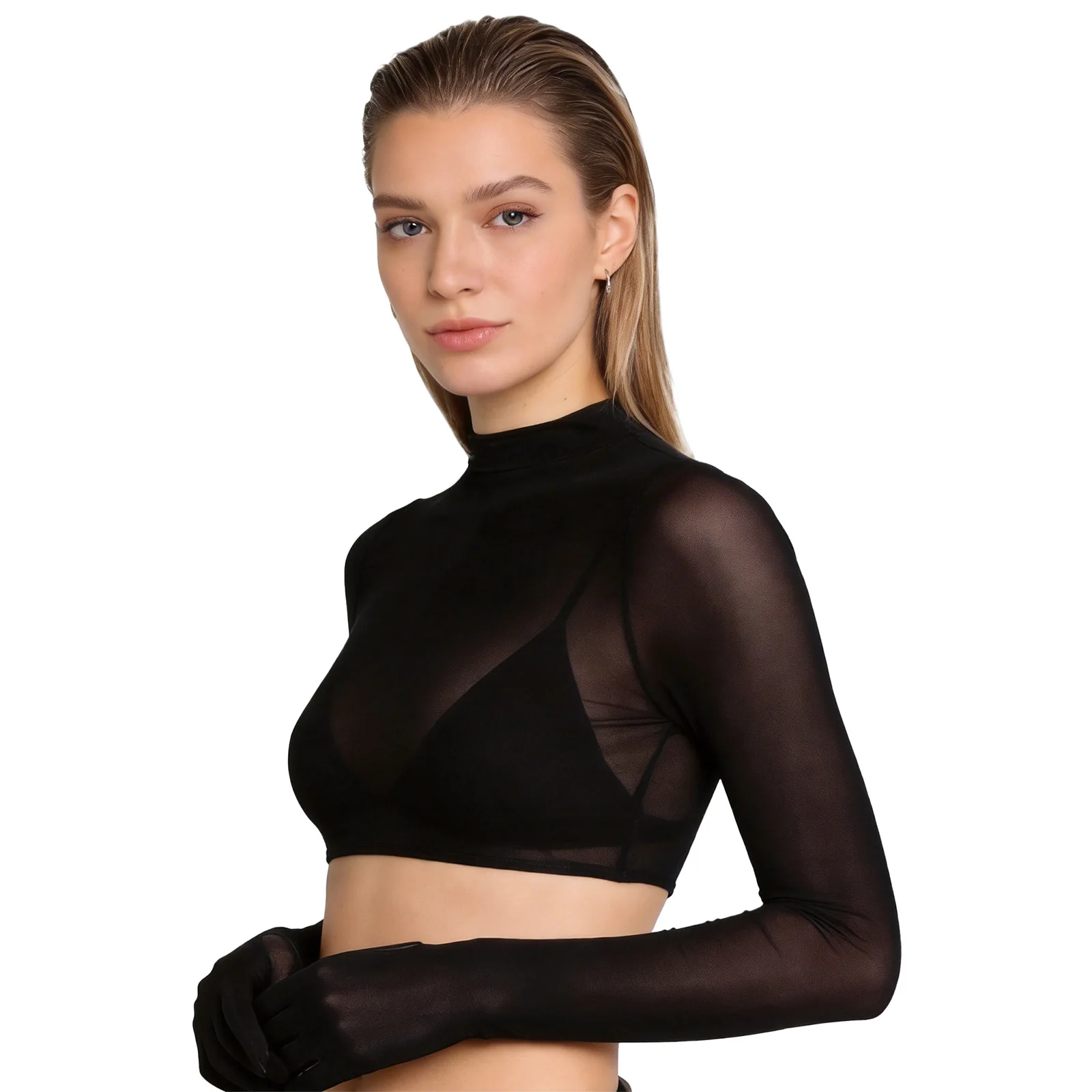 Women Sexy Sheer Mesh Glossy Crop Top T-shirt Long Sleeve Stretchy Tee Blouse Bikini Cover-ups Nightwear Clubwear Beachwear