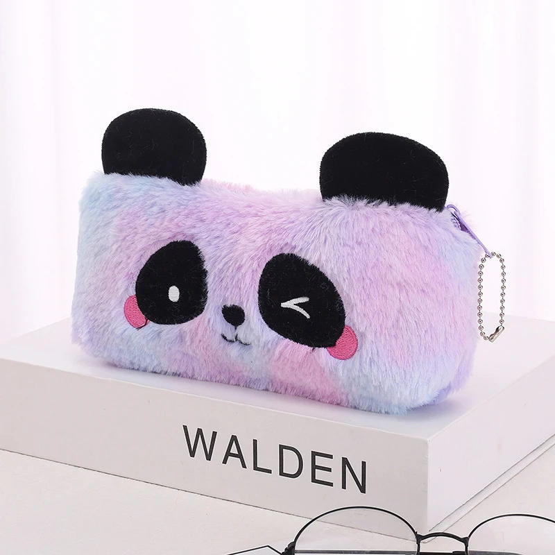 Cute Cartoon Gradual Color Panda Pencil Case Plush Pen Bag Student Stationery Supplies Tool