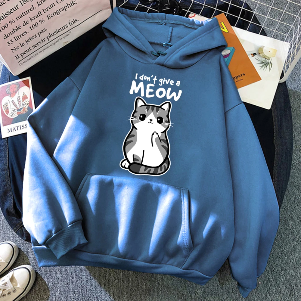 

I Don't Give A Meow Cat Женские толстовки с принтом в стиле хип-хоп Свободная толстовка с капюшоном и карманами Пуловеры Осенняя флисовая женская уличная одежда