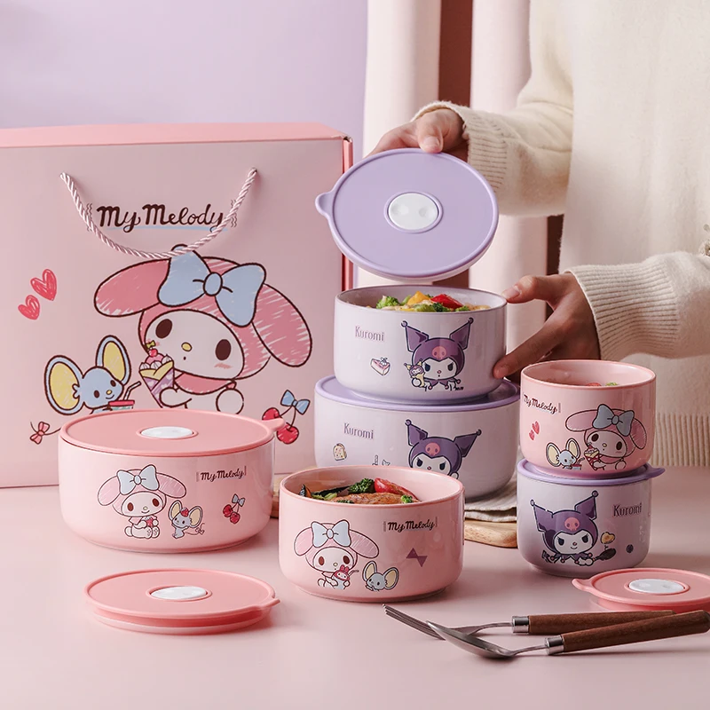 

3 шт., керамическая миска Sanrio с героями мультфильмов Kuromi, миска для хранения свежести лапши быстрого приготовления, герметичная портативная микроволновая печь, доступная детская миска