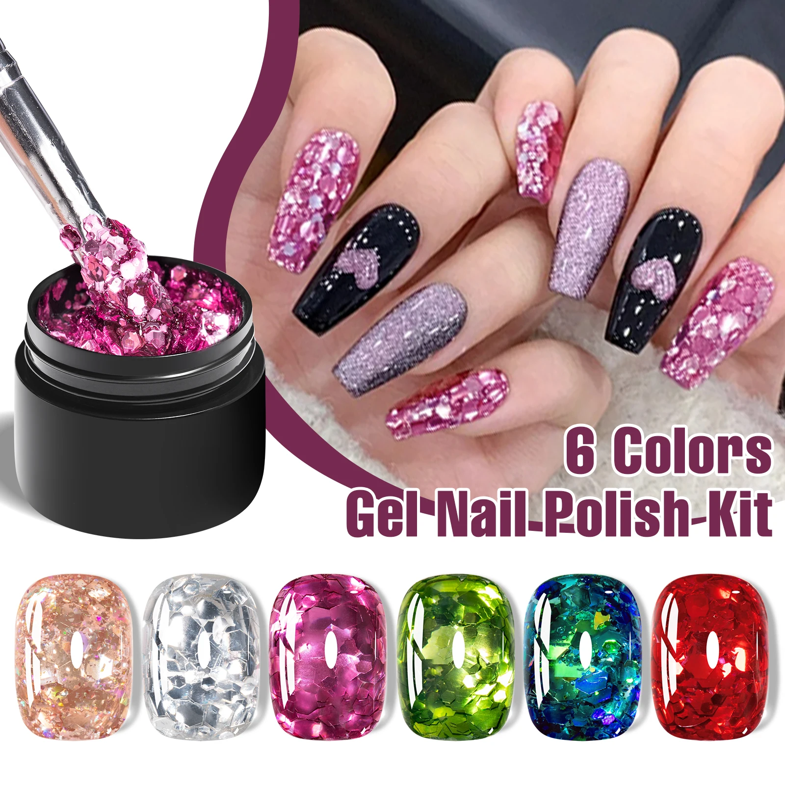 Ensemble de vernis à ongles Gel à paillettes, avec brosse à ongles, paillettes scintillantes, semi-permanentes, à tremper, fournitures pour ongles, 6 pièces