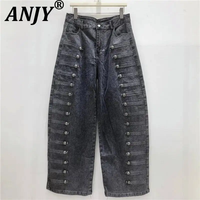 ANJY Spring Autumn New Women American Style Retro Metal Buckles Design Jeans Washed Chic High Street Wide-leg Denim Pants A25195