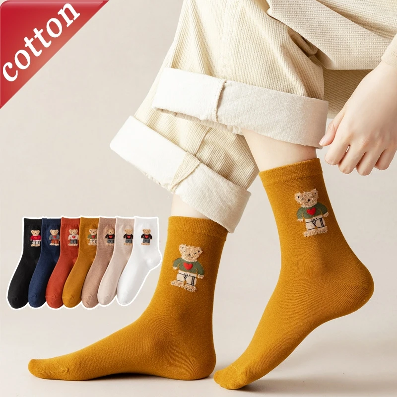 

5 пар женских носков, комплект японских мультяшных милых медведей с вышивкой Kawaii, милые носки средней длины, удобные хлопковые носки высокого качества