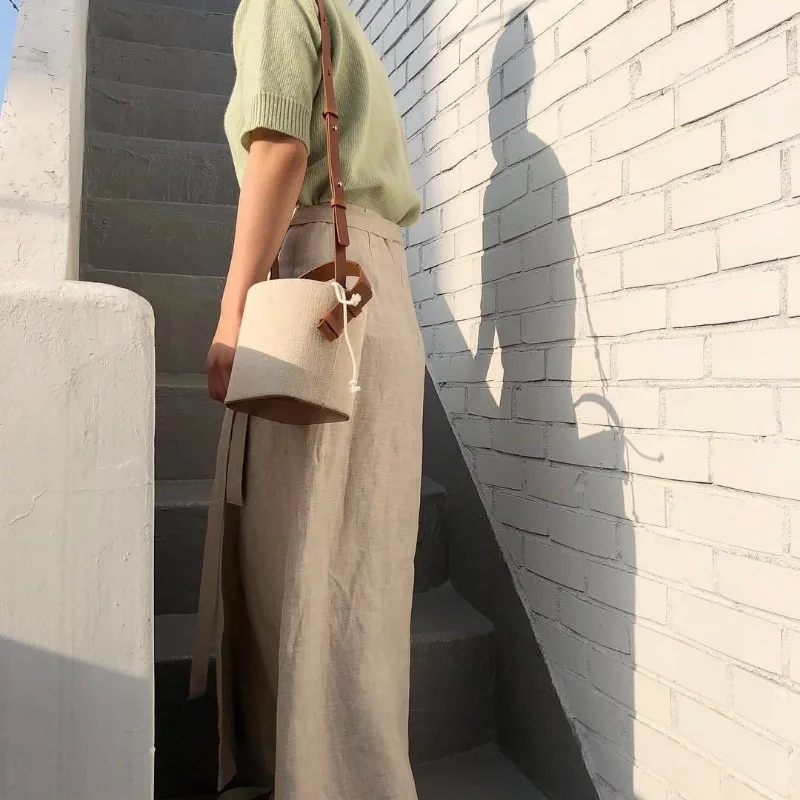 2024 New Ins Canvas Split Leather Bucket Bag Contrast Color Small One-shoulder Slung Handbag Crossbody Bags for Women