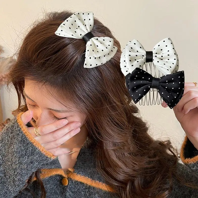 Adorable Polka Dot Bow Hair Comb 1 Pcs Anti Slip Metal Teeth Sweet Hair Accessory for Girls Party Attire
