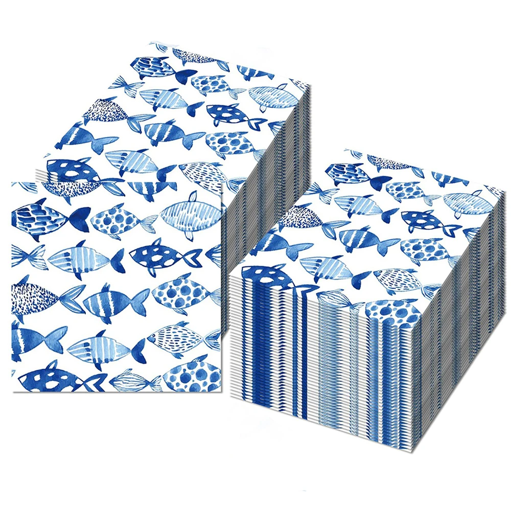 20/40/60/80/100 шт., бумажные салфетки с рыбой, акварельные салфетки для обеда, море, океана, вечерние декорации для рыбалки, ресторанные кухонные принадлежности