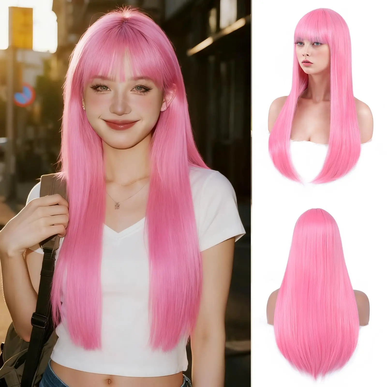 

Светло-розовый 26-дюймовый синтетический парик с длинными прямыми волосами для косплея на Хэллоуин, высокотемпературные волосы, ежедневный комплект париков
